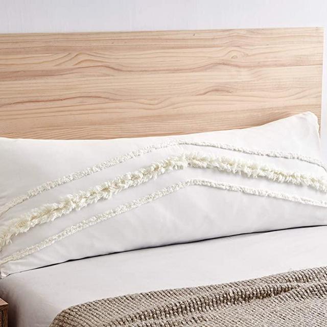 Bohemian Boho Chic Ivory Macrame Tufted Tassel Accent Decorative Couch Long Throw Zipper Body Pillow Cover Case 54x20 Solid Cream Textured Minimalist Off White Cotton Fringe Farmhouse Indie Room Decor