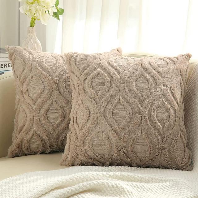decorUhome Decorative Throw Pillow Covers 18x18, Soft Plush Faux Wool Couch Pillow Covers Set of 2, Khaki