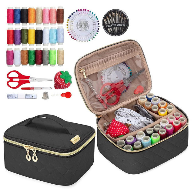 LoDrid Sewing Kit, Portable Flannel Bag with Complete Sewing Supplies for Travel & Home, Sewing Repair Kit Tools for Adults, Kids & Beginners, 24 Color Threads, 30 Needles & Sewing Accessories, Black