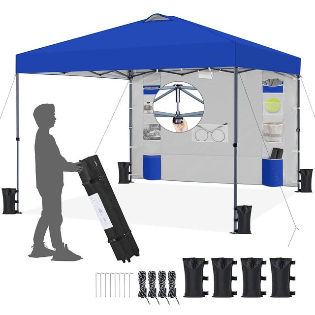 Yaheetech 10x10 Pop-up Canopy Tent w/Removable Pockets Sidewall for Extra Storage, Outdoor Sun Shelter Waterproof & Durable w/Wheeled Bag, Sandbags & Guylines for Beach Camping Party (Blue)