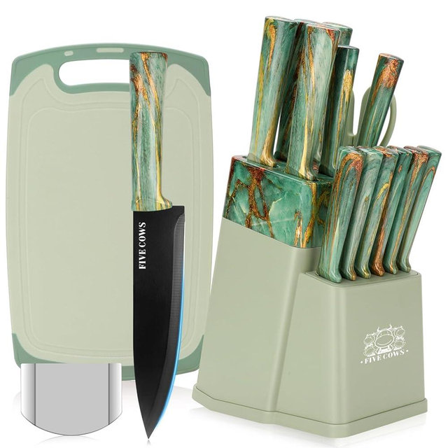 16-Piece Kitchen Knife Block Set with Cutting Board - German Stainless Steel Knives, Built-In Sharpener, Dishwasher Safe, Anti-Slip Handle - All-in-One Cutlery Set for Home/Kitchen (Cyan)