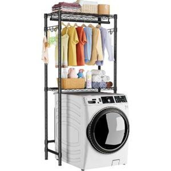 Over Washer and Dryer Shelves,2 Tier Adjustable Height Wire Shelving Laundry Room Storage Organization Clothes Drying Rack with Hanger Rod&Hooks,Space Saving Organizers Shelf,Black