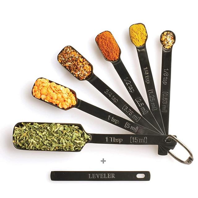 2lbDepot Black Measuring Spoons Set of 7 Includes Bonus Leveler, Premium, Rust Proof, Heavy Duty, Black Plated, Stainless Steel Metal, Narrow, Long Handle Design fits into Spice Jars