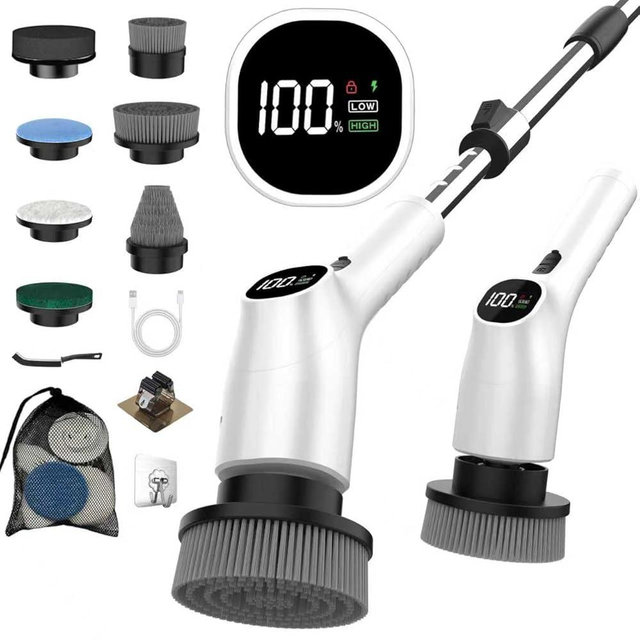 WKY-Electric Spin Scrubber - 10-in-1 Cordless Shower Scrubber & Cleaning Brush with Extendable Handle, 2 Speeds, IPX7 Waterproof Brush Heads, LED Display, Smart AI Chip,for Bathroom, Kitchen White
