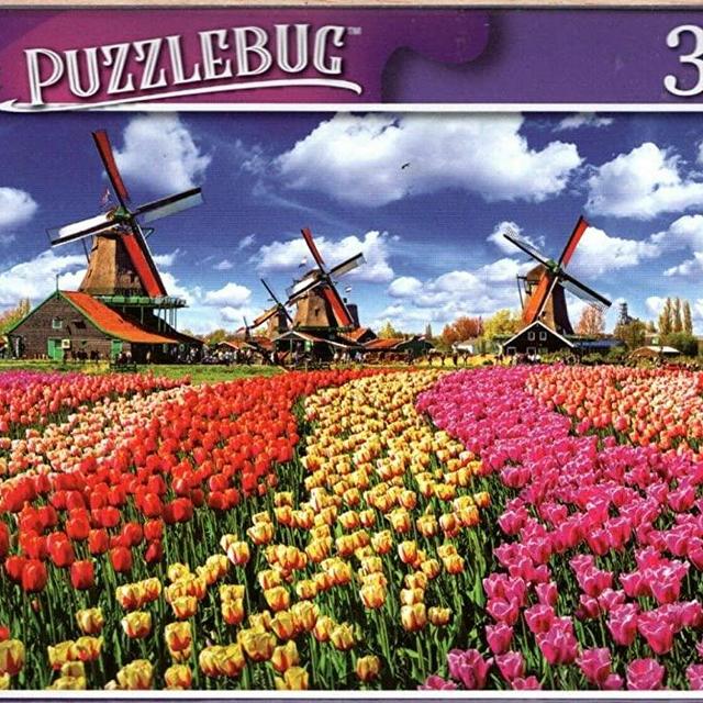 Traditional Dutch Windmills with Tulips, Netherlands - 300 Pieces Jigsaw Puzzle