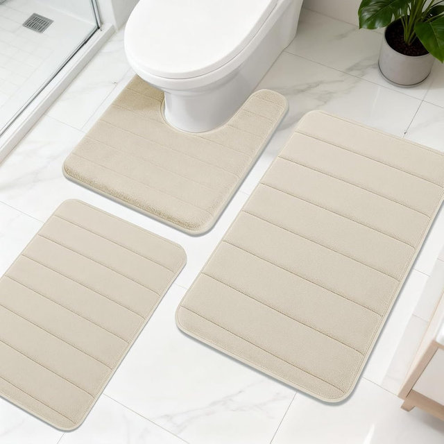 KescherAb Bathroom Rugs Sets 3 Pieces Thicker Memory Foam Bath Mat with Non Slip Backing, Machine Wash, Dries Quickly, Ultra Soft Beige Bath Carpet with Toilet Rug for Bathroom,Kitchen,Tub