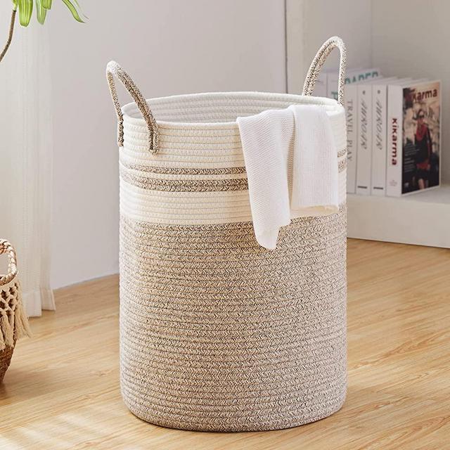 Cotton Rope Laundry Hamper by Fiona's magic, Tall Woven Storage Basket, Baby Nursery Hamper for Blankets, Toys and Clothes in Bedroom and Living Room Organizing, 58L, Brown & White