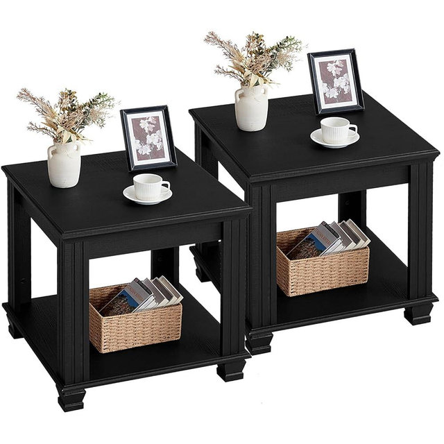 SAVOR LIFE Farmhouse End Table Set of 2,Large Side Table with 2-Tier Storage Shelf,Rustic Wood End Tables for Living Room,Square Tea Table, Black