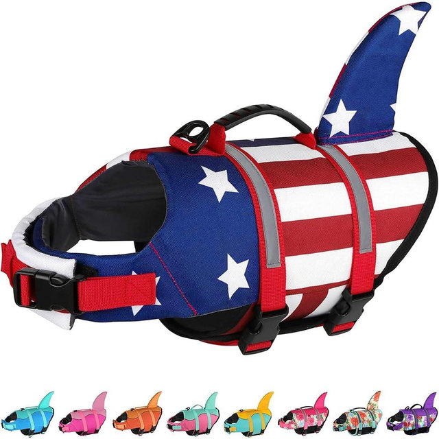 Dogcheer Dog Life Jacket Shark, American Flag Dog Life Vest with Reflective Stripes & Rescue Handle, Adjustable High Buoyancy Dog Swim Vest for Small Medium Large Dogs(USA Flag, M)