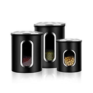 Canisters Set, 3 Piece Window Kitchen Canister with Fingerprint Resistance Lids, Black