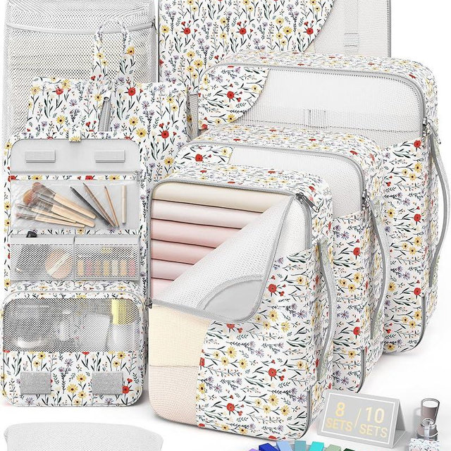 8 Set Packing Cubes for Travel, Anti-Tearing Suitcase Organizer for Luggage with Shoe & Hanging Toiletry Bag,Gifts for Women Mom,OlarHike Vacation Essentials & Accessories for Cruise Ship,Floras