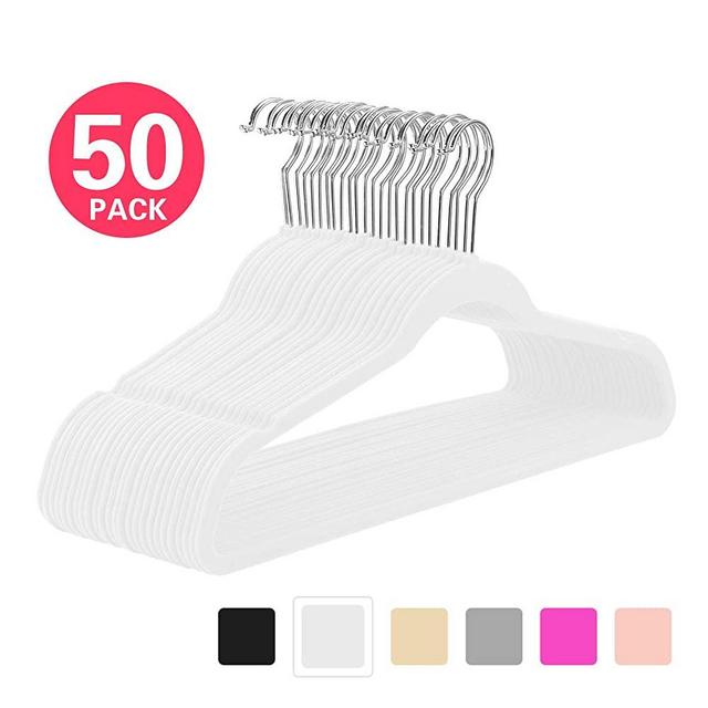 MIZGI Premium Velvet Hangers (Pack of 50) Heavyduty - Non Slip - Velvet Suit Hangers White - Chrome Hooks,Space Saving Clothes Hangers