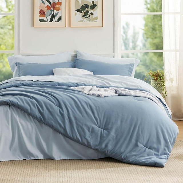 Bedsure Queen Comforter Set - 7 Pieces Grayish Blue Queen Bedding Set for All Seasons, Boho Contrasting Design Bed in a Bag with Comforter, Sheets, Pillowcases & Shams