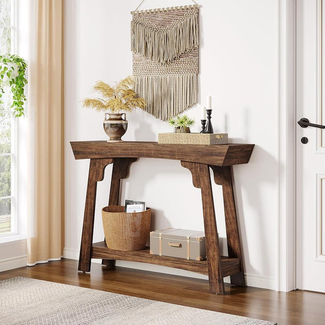 Tribesigns 41.3" Farmhouse Console Table, 2-Tier Small Entryway Table with Storage, Narrow Wooden Sofa Table Behind Couch for Living Room, Foyer, Hallway, Rustic Brown