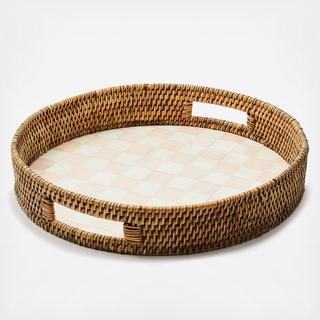 Rosy Check Enamel & Rattan Round Serving Tray