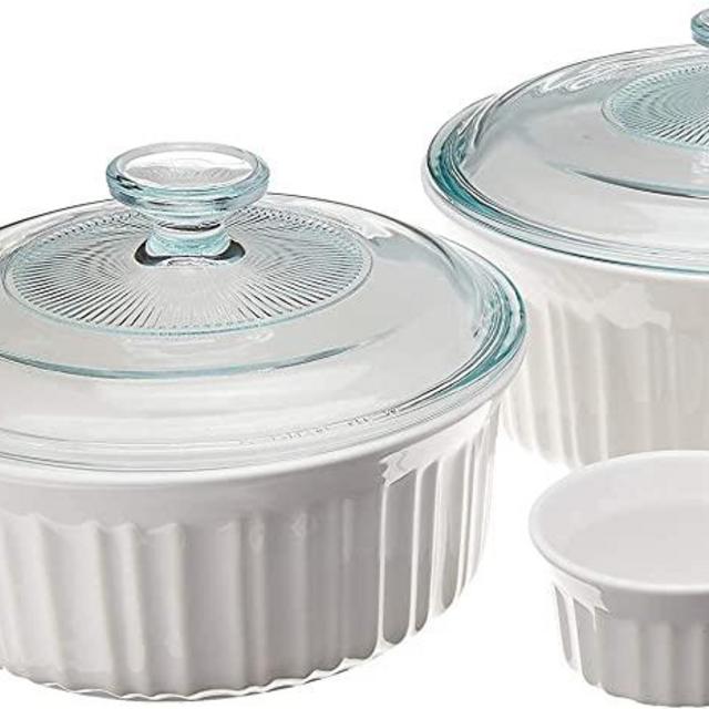 CorningWare French White 10-Pc Ceramic Bakeware Set with Lids, Chip and Crack Resistant Stoneware Baking Dish, Microwave, Dishwasher, Oven, Freezer and Fridge Safe
