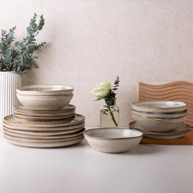 AmorArc Ceramic Dinnerware Sets,Handmade Reactive Glaze Plates and Bowls Set,Highly Chip and Crack Resistant | Dishwasher & Microwave Safe,Service for 6 (18pc)