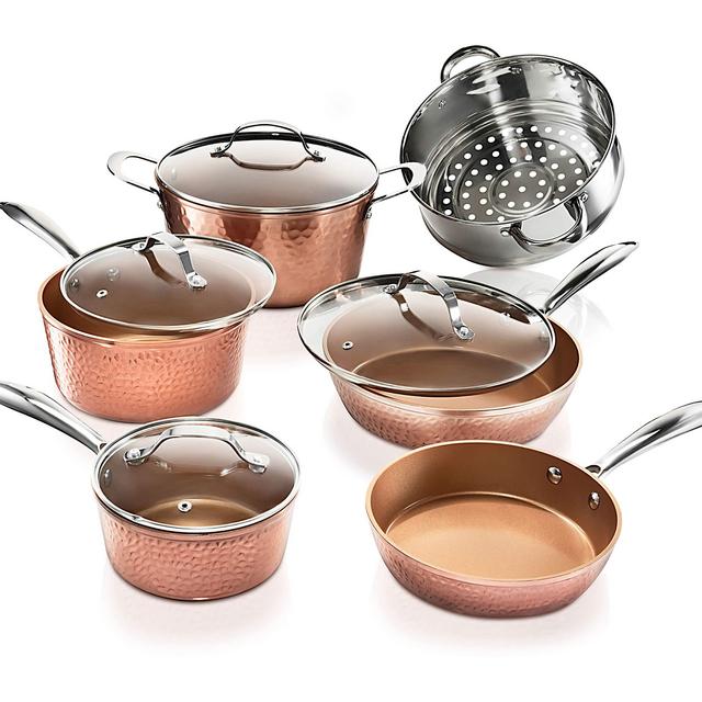 Gotham Steel Hammered Collection – 10 Piece Premium Cookware Set with Triple Coated Nonstick Copper Surface, Oven, Stovetop Dishwasher Safe