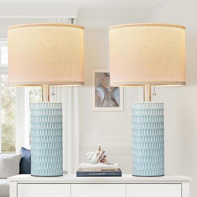 Reaketon Table Lamps for Living Room Set of 2, Ceramic Table Lamps for Bedroom, 20" Modern Lamps for Night Stands, Blue