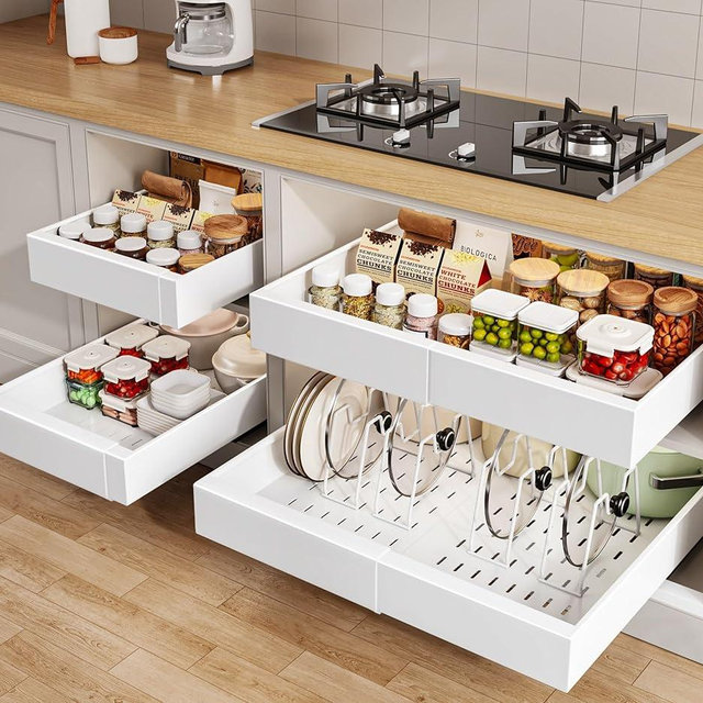 Seinloes 4 Pack Pull out Cabinet Organizer 21"Deep with Raising Pad for Framed Cabinets, Expandable Slide out Drawers for Kitchen Cabinets with 4pcs Divider Racks, Roll out Shelves 12.1"-20.4" W White