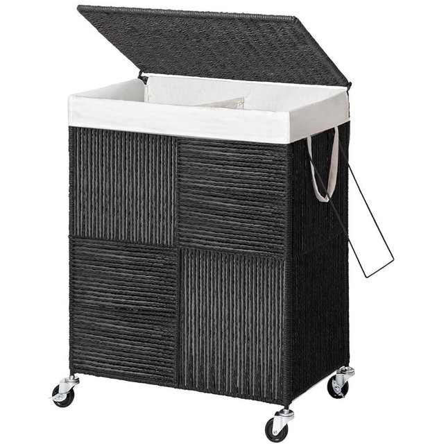 WOWLIVE Double Laundry Hamper with Lid, Handwoven Rolling Laundry Basket with Wheels, 115L Dirty Clothes Hamper with Removable Liner Bag Large Capacity Laundry Sorter Laundry Room Organization,Black