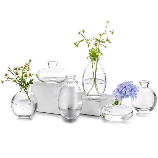 Glass Bud Vase for Centerpieces, 6Pcs/2Sets Glasseam Modern Clear Mini Small Vases for Flowers Bulk Flower Vase Set Aesthetic Cute Handmade Tiny Short Wedding Table Centerpiece Decor