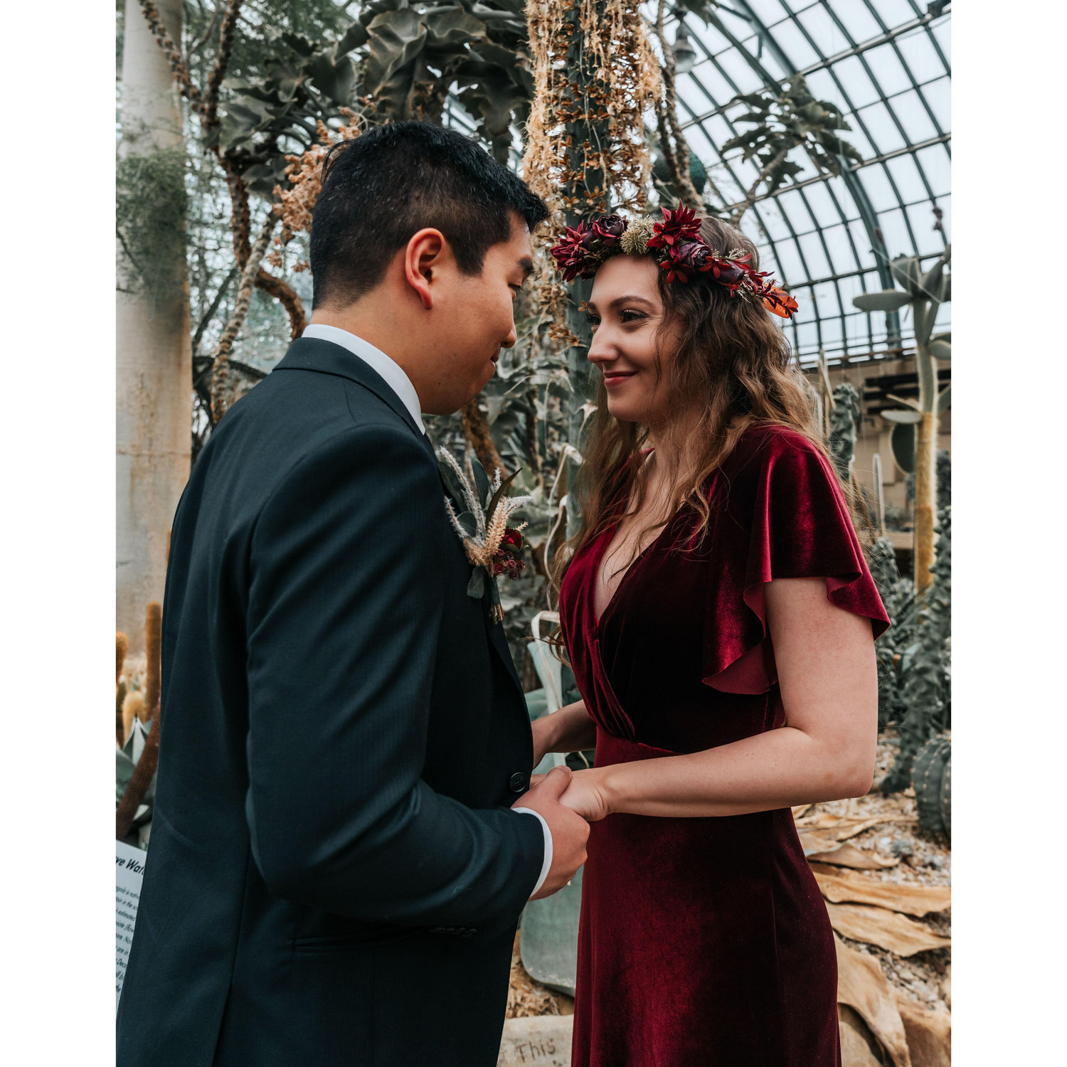 Elopement at the Garfield Park Conservatory in Chicago, IL. The Agave behind us is in it's death bloom phase. The plant die after this so it was cool to see before it was gone