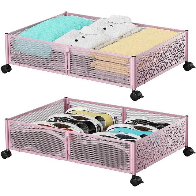 Under Bed Storage, Under the Bed Storage Containers with Wheels, Under Bed Shoe Storage Organizer Drawer, Tool-free Assembly Metal Underbed Storage Containers for Bedroom Clothes Shoes Blankets -Pink