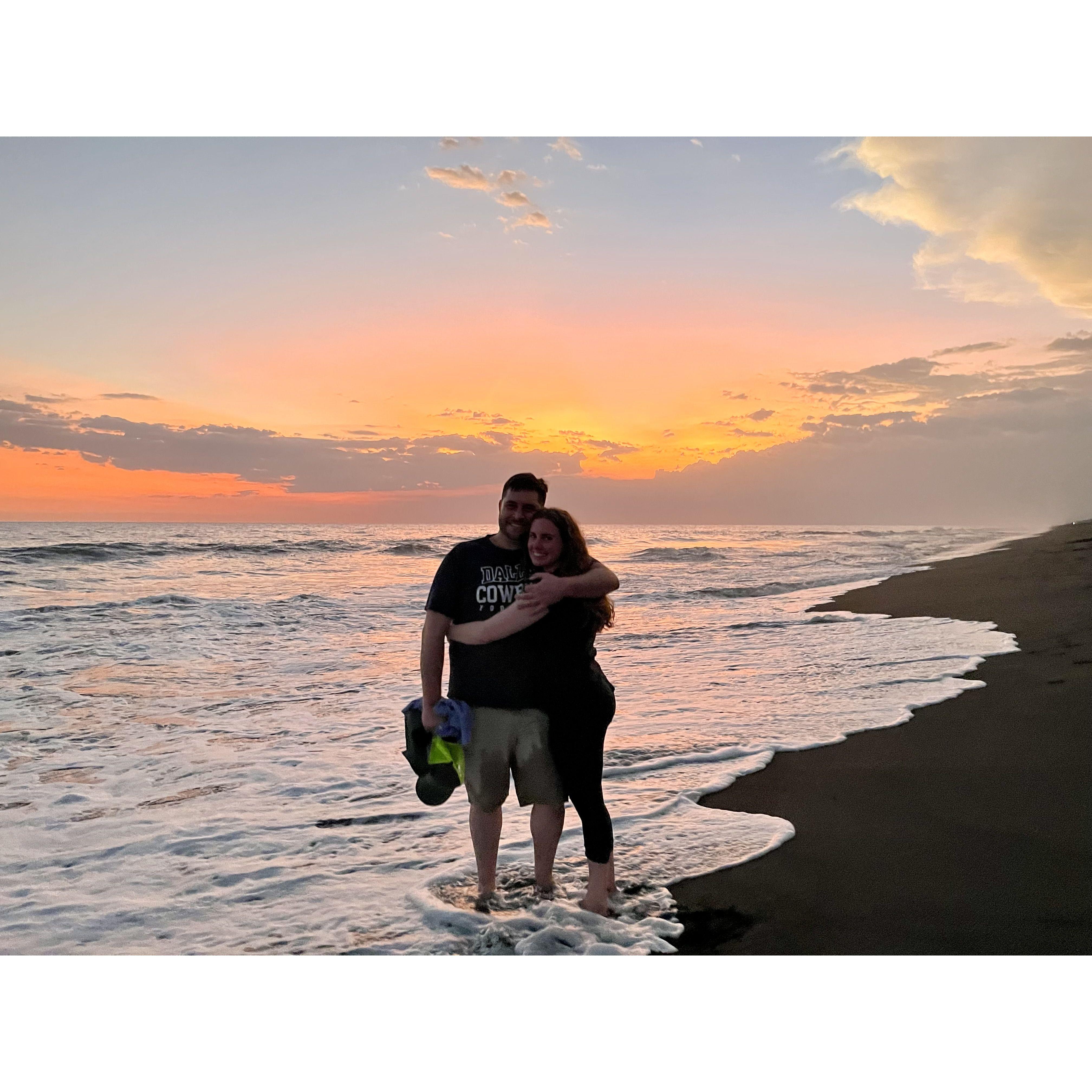 Sunset and gray sands at Dos Mundos resort.