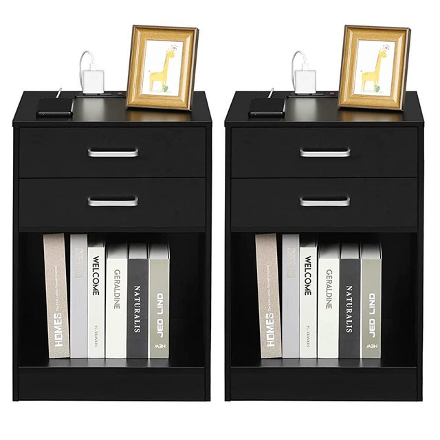 ADORNEVE Nightstand Set of 2,Black Nightstand with Charging Station,Night Stands for Bedroom