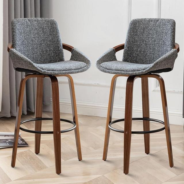 LUNLING 25.6" Bar Height Barstools Set of 2 Mid Century Modern Retro Bar Chairs Charcoal Grey Linen Look Fabric Upholstered and Walnut Wood Frame for Home Bar Furniture(Grey)