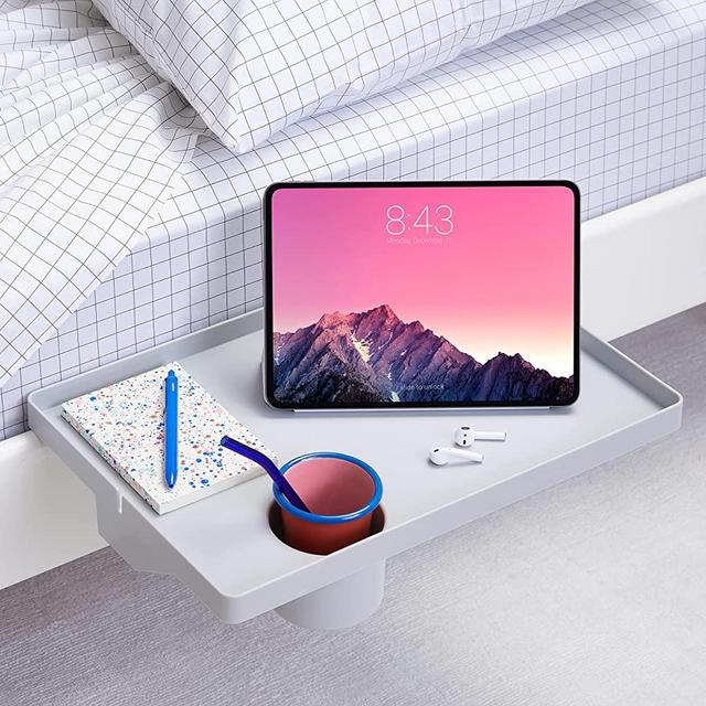 BedShelfie Essential Bedside Shelf with Cupholder Caddy & Bunk Bed Shelf Table Tray for Top Bunk Organizer Seen On Business Insider College Dorm Room Essentials Nightstand (Lg 17 x 11.6 Grey Plastic)