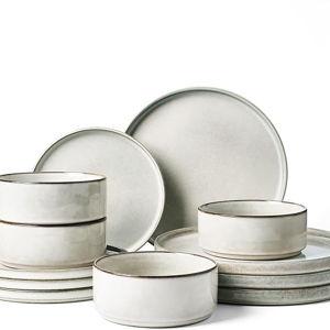 Famiware Annecy Plates and Bowls Sets, 12 Pieces Dinnerware Sets, Microwave and Dishwasher Safe Dishes Set for 4, Chip and Scratch Resistant, Grey-White
