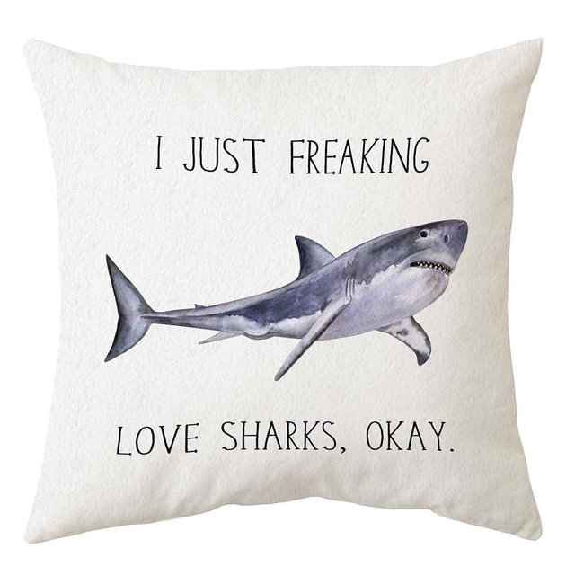 Sidhua Ocean Animals Themed Pillowcase Decorations for Home, I Just Freaking Love Sharks Okay Throw Pillow Cover 18”x18”, Shark Week & Lover Gifts