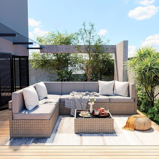 Pamapic 7-Piece Outdoor Sectional Furniture Set, All-Weather Wicker Patio Sofa with Washable Cushions, Gray Waterproof Rattan Conversation Set for Backyard, Poolside, Garden (Gray Cushions)