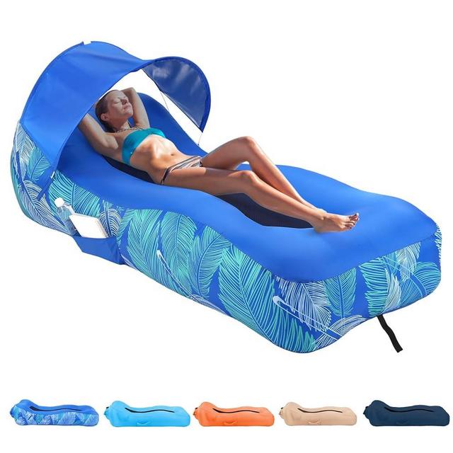 Inflatable Lounger Air Sofa with Unique Sun-shade Design, Inflatable Beach Bed with Pillow, Waterproof Inflatable Couch Camping Chair Hammock for Hiking Backyard Travel Beach Park Picnics(Blue)