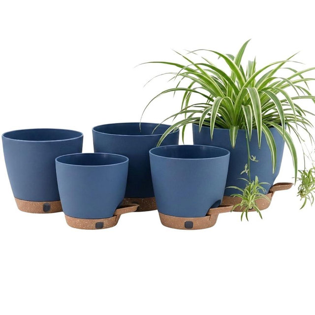 montresor 5-Pack 5/5.5/6/6.5/7 Inch Reservoir & Drainage Plastic Self Watering Flower Pots– Ocean Blue Indoor Plant Pots with Wick System for Peace Lily, Fern, Spider Plant
