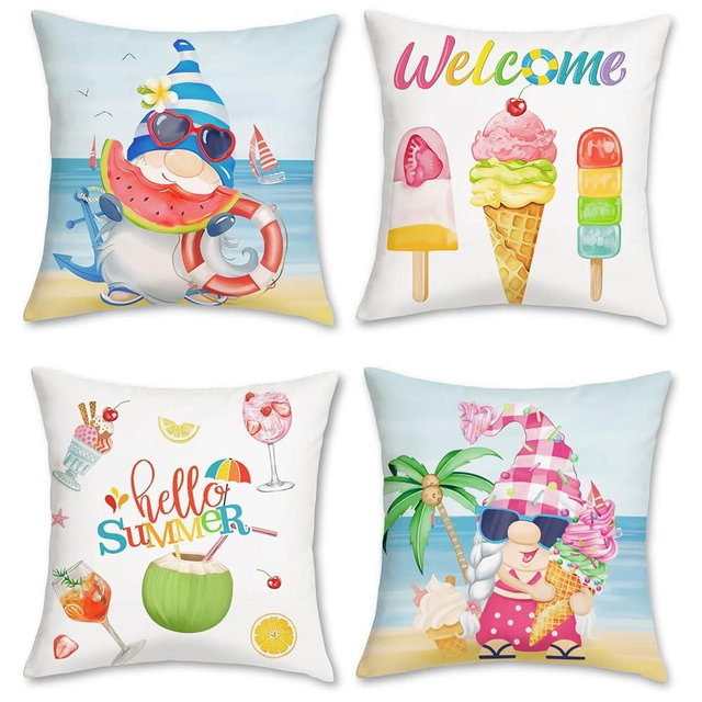 Bonhause Summer Gnomes Throw Pillow Covers 18 x 18 Inch Beach Ice Cream Watermelon Juice Coconut Outdoor Decorative Cushion Cases for Couch Sofa Bed Home Decor Set of 4