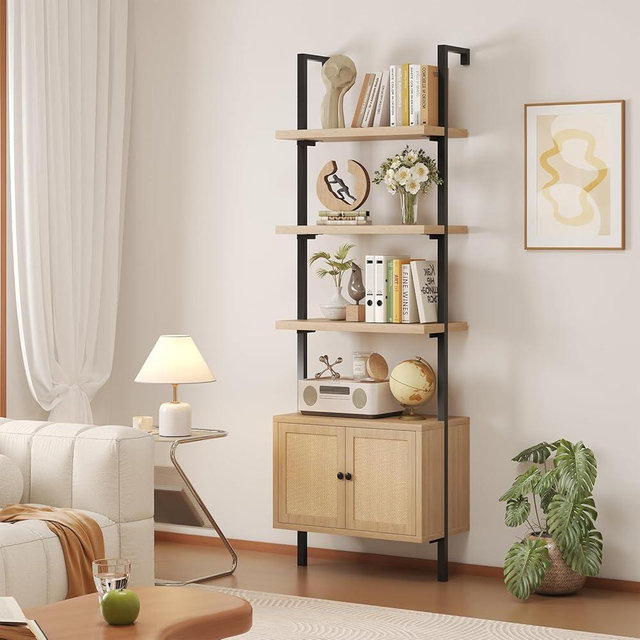 Airynee Ladder Bookshelf, 4 Tier Book Shelf with Rattan Cabinet, Wall Mount Bookshelves and Bookcases with Metal Frame, Anti Dump, Tall Bookcase for Living Room, Home Office, Bedroom