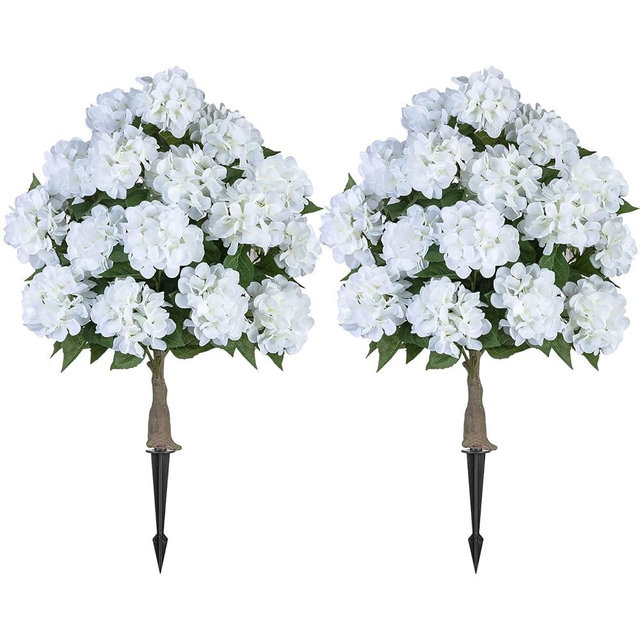 BLOSMON Fake Hydrangea Trees for Outdoors - 2 Packs 33" White Artificial Flower Topiary Ball Trees for Front Porch Decor - 20 Heads Faux Silk Hydrangea Bush Plants with Spike for Garden Yard Patio