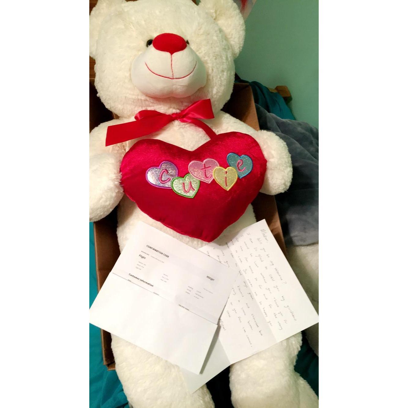 First Valentine's. Michael dropped off a written note, plane ticket, and a bear on top of Madison's car before work. Michael freaked out when Madison jokingly responded saying nothing was outside.