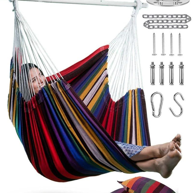 XXL Hammock Chair Hanging Rope Swing with 2 Cushions - Max 500lbs-Perfect for Patio, Porch, Bedroom, Backyard, Indoor or Outdoor - Includes Hanging Hardware Kits Rainbow