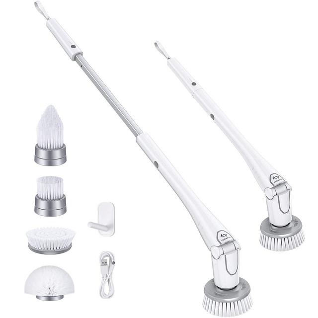 SCARSON Electric Spin Scrubber Ergonomics Handle Tile Scrubber Shower Brush  2 Speed Adjustable with Aluminum Alloy Adjustable Long Handle for Cleaning  Bathroom 5 Replaceable Brush Heads (White)