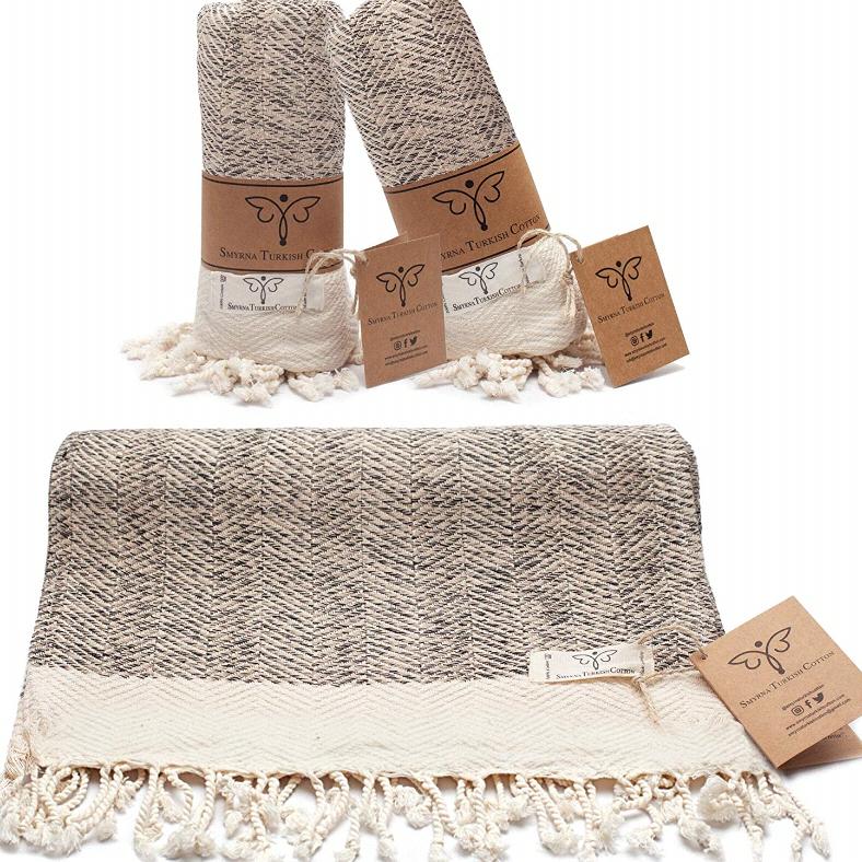 Smyrna Original Turkish Hand Towels Herringbone Series Set of 2 | 100% Cotton, 16 x 40 Inches | Decorative Bathroom Peshtemal Towel for Hand, Face, Hair, Gym, Yoga, Tea, Kitchen and Bath (Beige)
