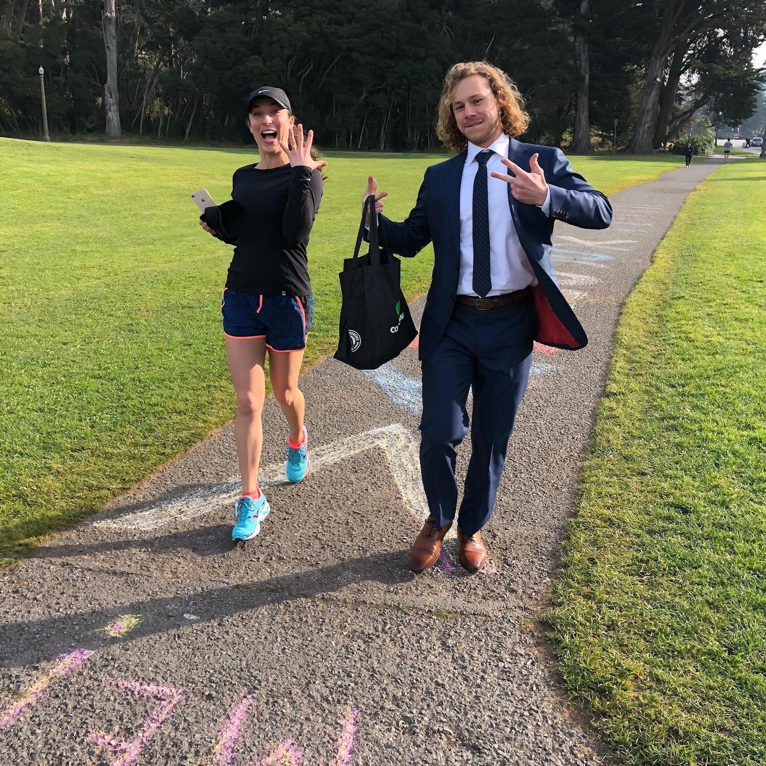 Two stoked, newly-engaged people.