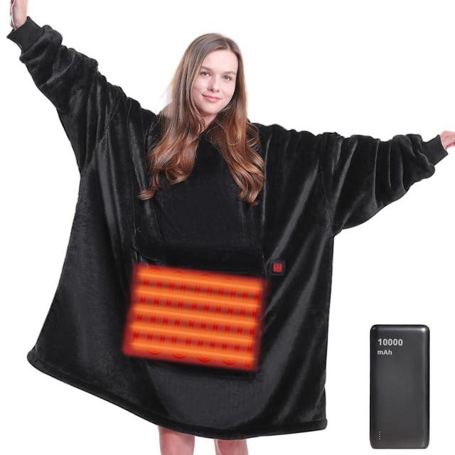 MAXEVE Heated Wearable Blanket Hoodie with Battery Pack 10000mah, Oversized Sherpa Blanket Hoodie for Women Men, Warm Soft Blanket Hoodie Sweatshirt Black, Adult