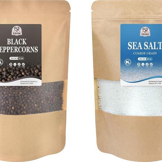 52USA Black Peppercorns 12 oz and Coarse Sea Salt 2 lbs, Salt and Pepper for Grinder Refill, Whole Peppercorns