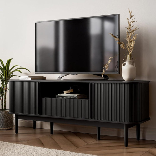 MAISONARIA 63" Tambour TV Stand, Fluted TV Stand for TVs up to 70'', Modern TV Stand with Storage, Entertainment Center with Sliding Doors, Wood TV Stand for Bedroom, Living Room, Black