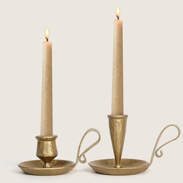 Iron Taper Candle Holders Set of 2 - Hand-Forged Antique Brass Finish, Vintage Candlestick Stand for Dining Table, Mantel & Wedding Decor, Unique Blacksmith-Made Housewarming Gift