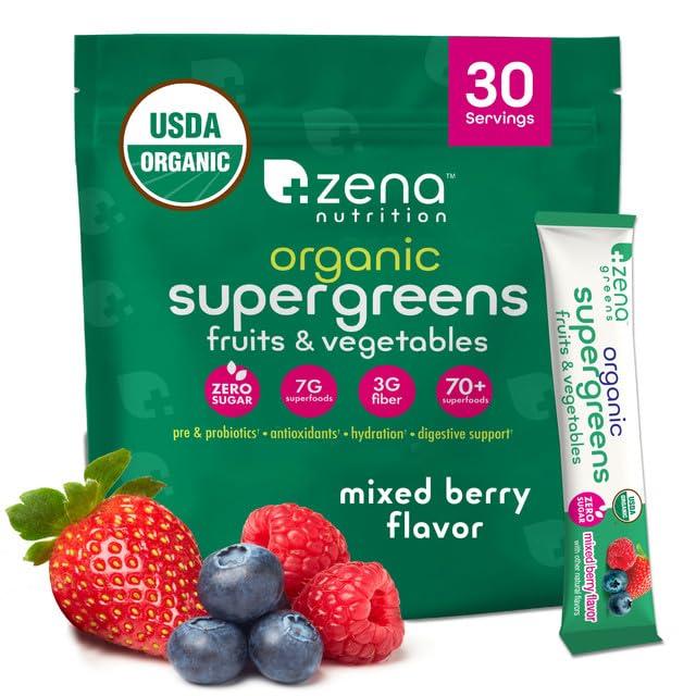 Zena Nutrition Organic Super Greens Powder, 70+ Superfoods, 0 Sugar, 3G Fiber, Spirulina, Chlorella, Antioxidants, Prebiotics/Probiotics, Digestive Enzymes, Mixed Berry, 30 Drink Mix Packets